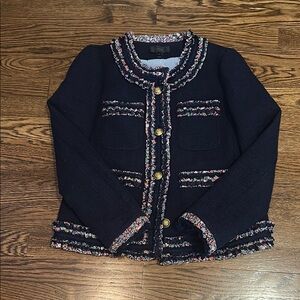 J Crew Navy Jacket with Floral Trim